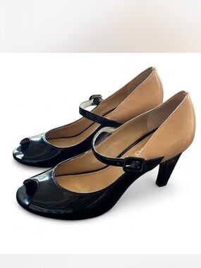 Black Franco Sarto Peep-Toe Pumps with Tan Heel